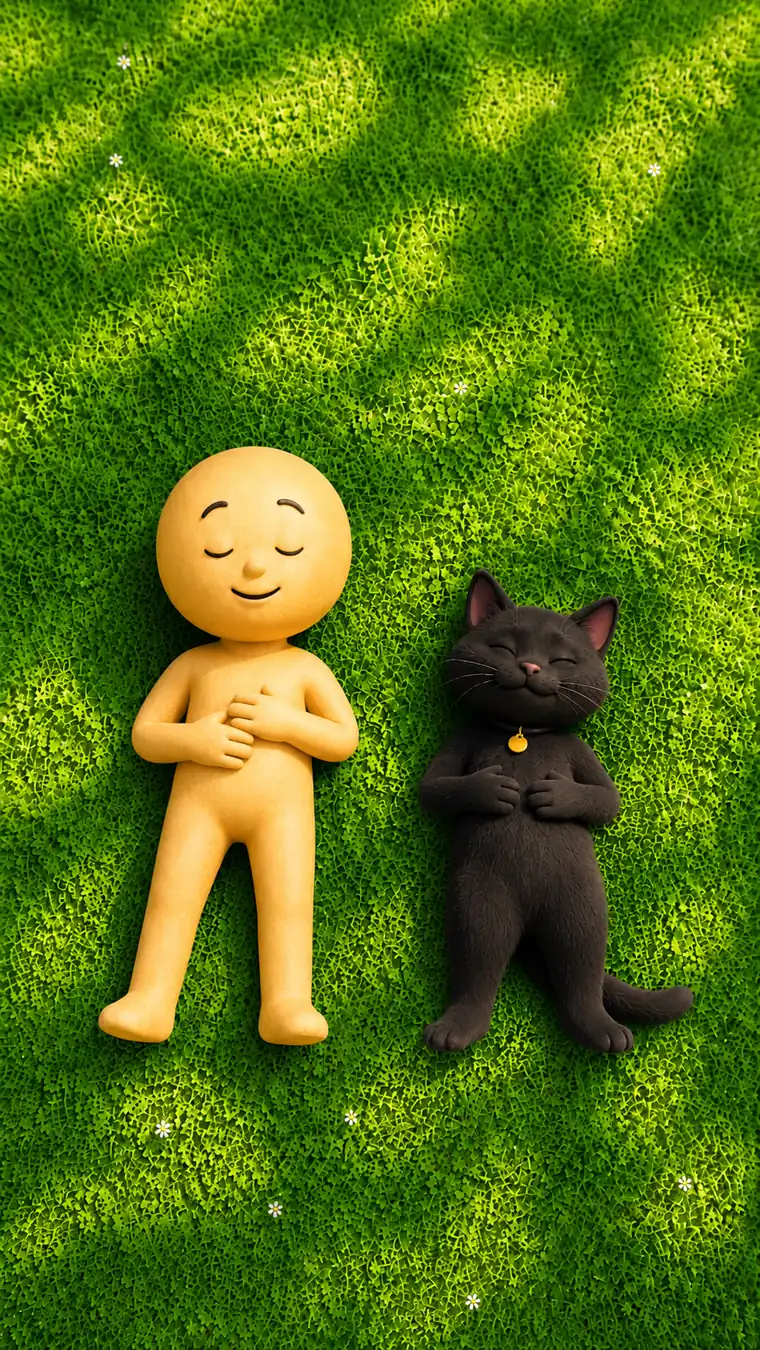 Página ilustrada: personagem e gato preto descansam deitados na grama sob a luz do dia