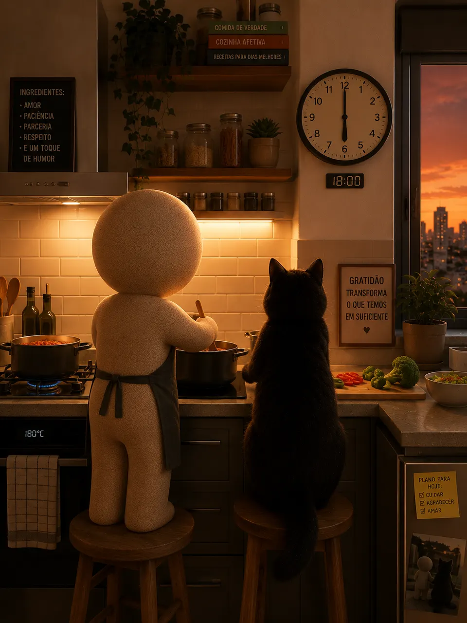 Página ilustrada: personagem cozinha o jantar às 18h ao lado do gato preto, com o pôr do sol pela janela