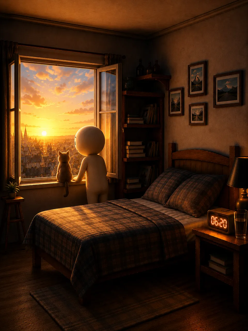 Página ilustrada: personagem e gato observam o amanhecer pela janela do quarto, relógio marcando 6h20