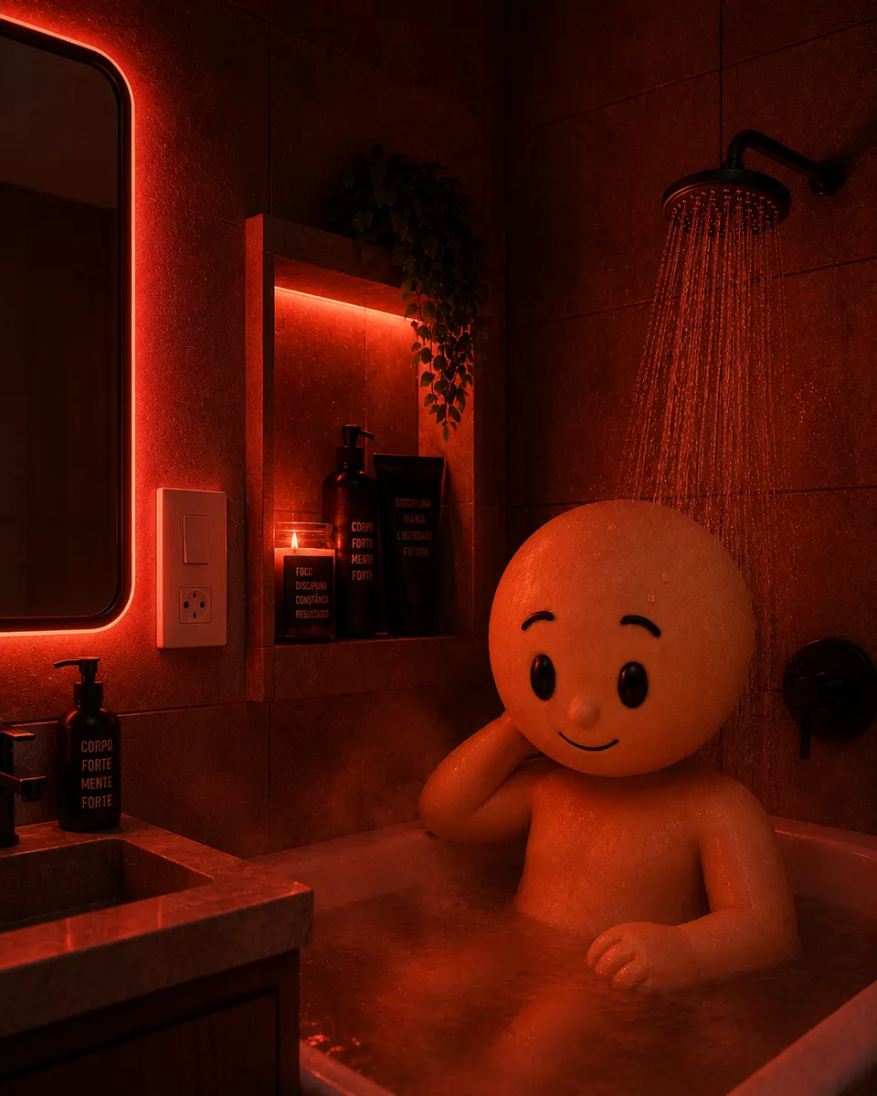 Página ilustrada: personagem relaxa em um banho sob luz vermelha suave, preparando o corpo para a noite