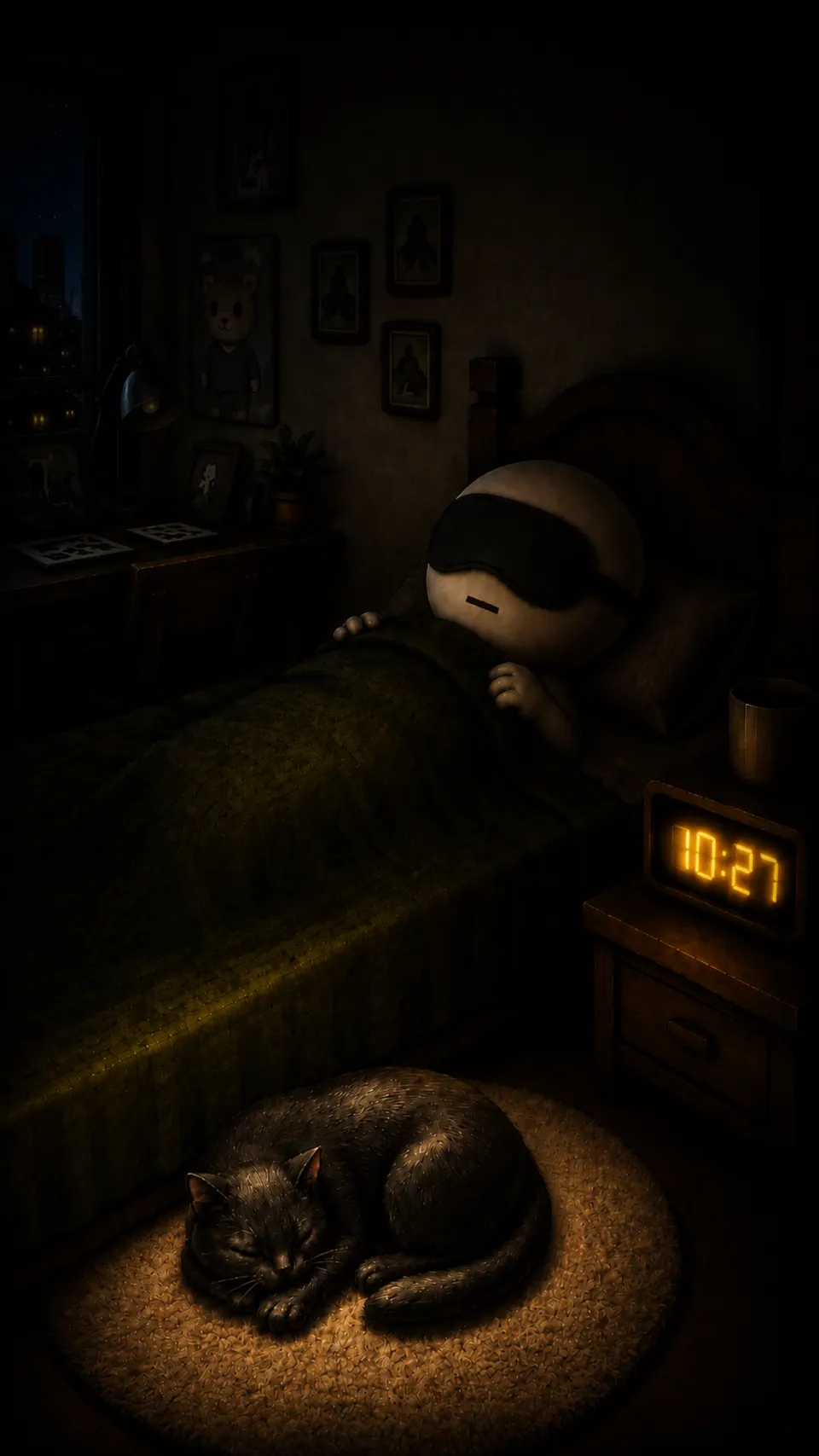 Página ilustrada: personagem dorme com máscara de dormir no quarto escuro às 22h27, gato enrolado no tapete