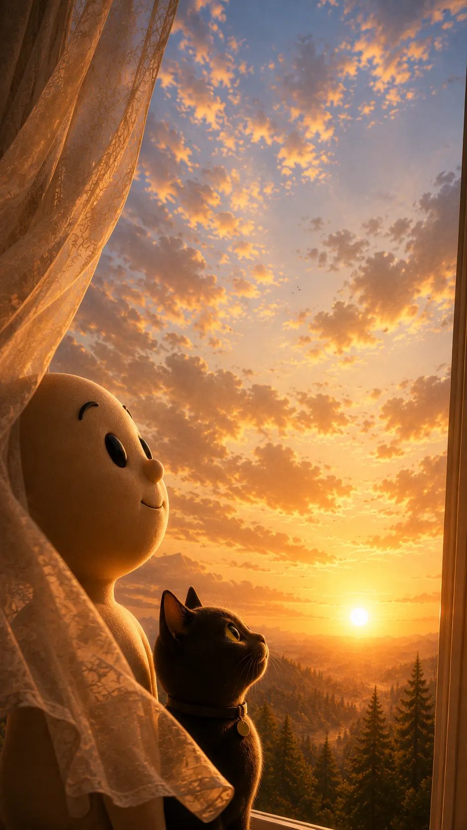 Personagem e gato preto observam de perto o nascer do sol dourado atrás da cortina de renda